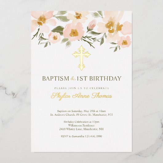 Baptisme & 1St Birthday Elegant Waterverf Florals Folie Uitnodiging (Voorkant)