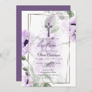 BAPTISME   Amethyst Floral Cross Invitation