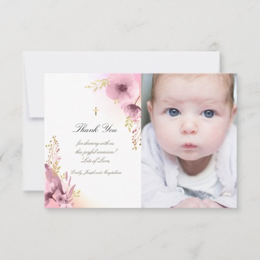 Baptisme bedankt roze bloemen kaart (Voorkant)