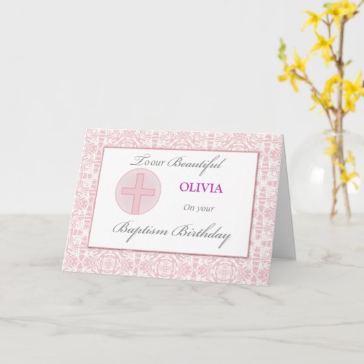 Baptisme Birthday Custom Name Pink Lace Pattern Kaart (Gele Bloem)