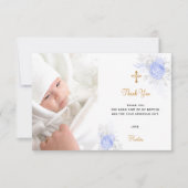 Baptisme blue florals aangepaste foto gouden jonge bedankkaart (Voorkant)