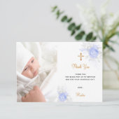 Baptisme blue florals aangepaste foto gouden jonge bedankkaart (Staand voorkant)