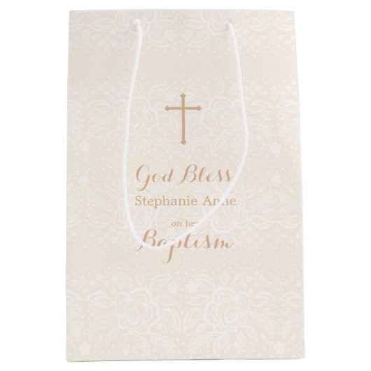 Baptisme Blush Pink Delicate Floral Lace Medium Cadeauzakje (Voorkant)