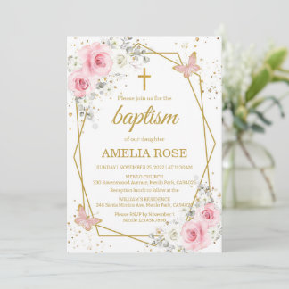 Baptisme blush roze florals vlinder kaart