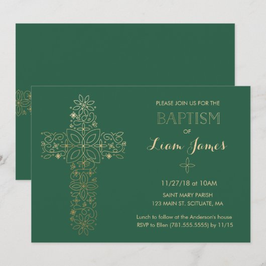 Baptisme, Christening Invitation, Gold Cross Invit Kaart (Voorkant / Achterkant)