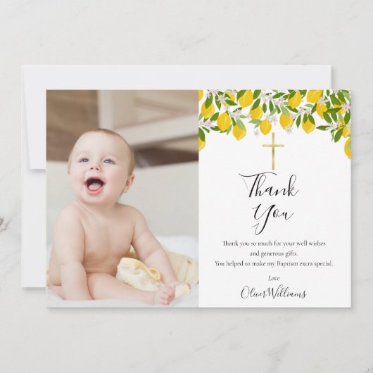 Baptisme Christening Lemons Gold Cross Foto Bedankkaart (Voorkant)