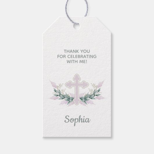 Baptisme, Christening Pink Cross Favor Gift Label Cadeaulabel (Voorkant)