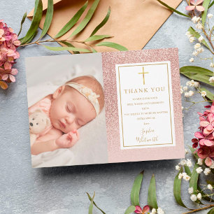 Baptisme Christening Roos Gold Glitter Foto Bedankkaart