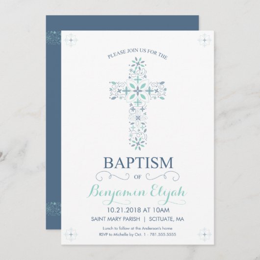 Baptisme, Christening Uitnodiging - Baby Boy Invit (Voorkant / Achterkant)