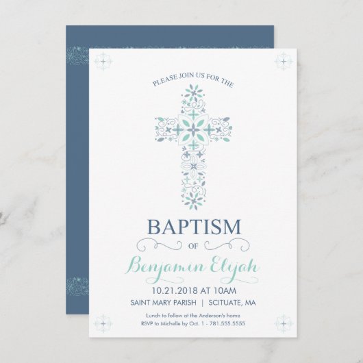 Baptisme, Christening Uitnodiging - Baby Boy Invit (Voorkant / Achterkant)