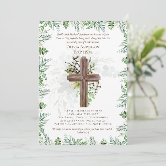 BAPTISME classique Invitation Feuille de verdure (Debout devant)