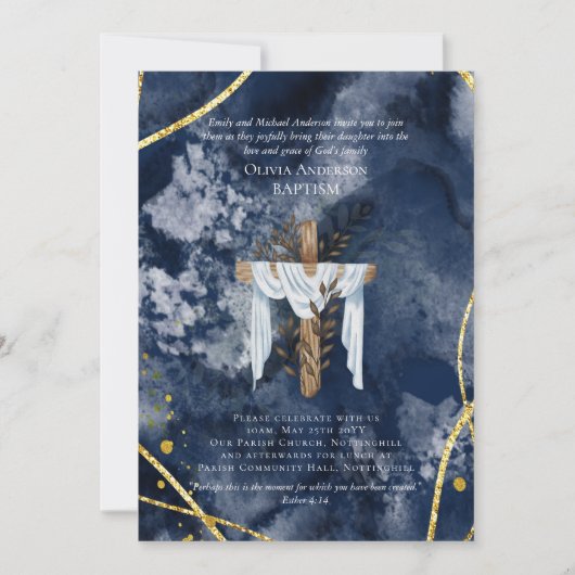 BAPTISME classique Invitation Marine Bleu Or (Devant)