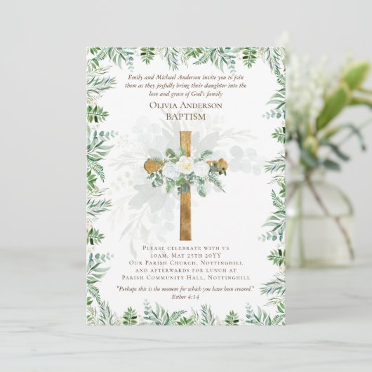 BAPTISME classique Invitation Roses blanches or (Debout devant)