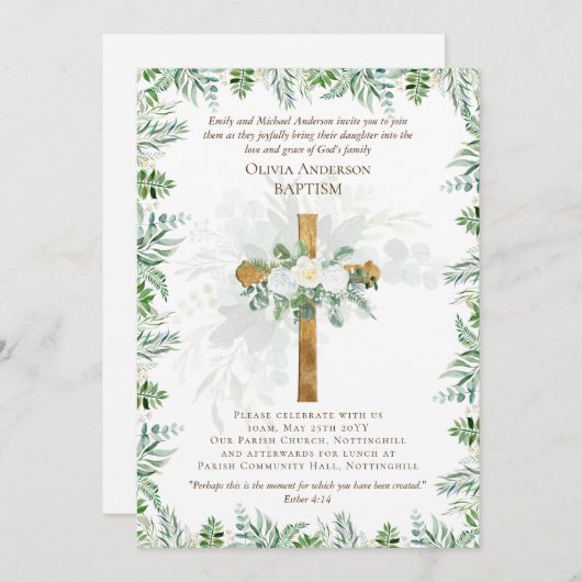 BAPTISME classique Invitation Roses blanches or (Devant / Derrière)