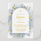 Baptisme dusty blue waterverf Silver Folie Uitnodiging (Voorkant)