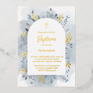Baptisme dusty blue waterverf Silver Folie Uitnodiging
