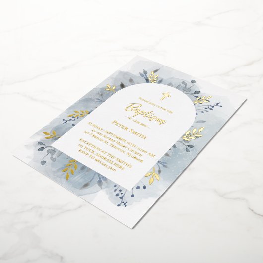 Baptisme dusty blue waterverf Silver Folie Uitnodiging (Gedraaid)