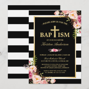 Baptisme - Elegant Floral Gold Black White Stripes Kaart