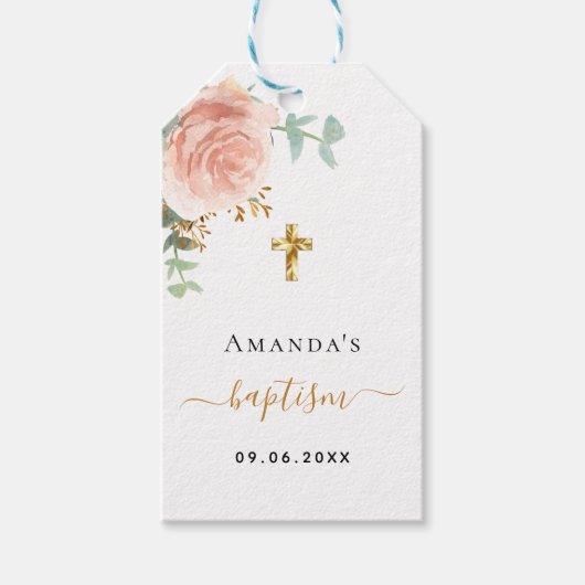 Baptisme eucalyptus blush roze roze roze goudmeisj cadeaulabel (Voorkant)