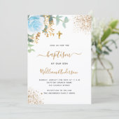 Baptisme eucalyptus greenery blue gold floral boy kaart (Staand voorkant)