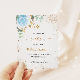 Baptisme eucalyptus greenery blue gold floral boy uitnodiging briefkaart