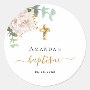 Baptisme eucalyptus greenery floral gold cross ronde sticker