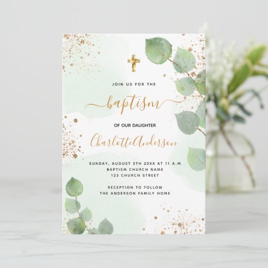 Baptisme eucalyptus greenery glitter cross script kaart (Staand voorkant)