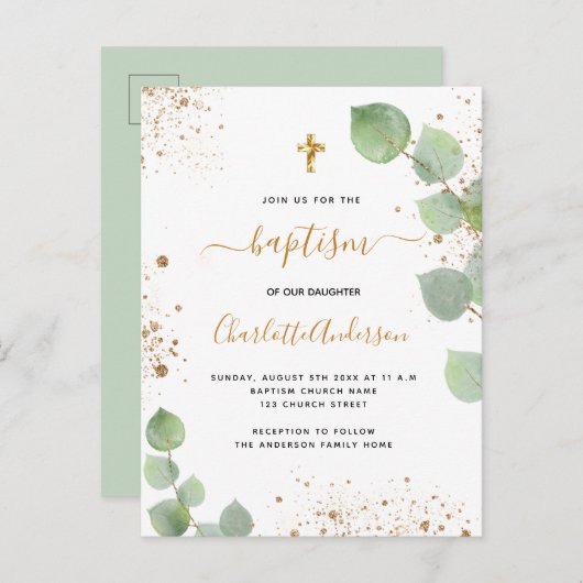 Baptisme eucalyptus greenery glitter cross script uitnodiging briefkaart (Voorkant / Achterkant)