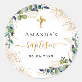 Baptisme eucalyptus greenery glitter monogram ronde sticker (Voorkant)