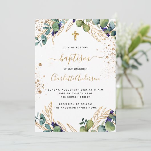 Baptisme eucalyptus greenery Gold cross script Kaart (Staand voorkant)