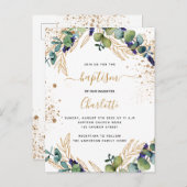 Baptisme eucalyptus greenery Gold-uitnodiging Briefkaart (Voorkant / Achterkant)