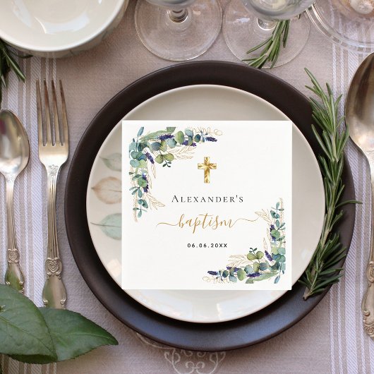 Baptisme eucalyptus greenery monogram elegant servet
