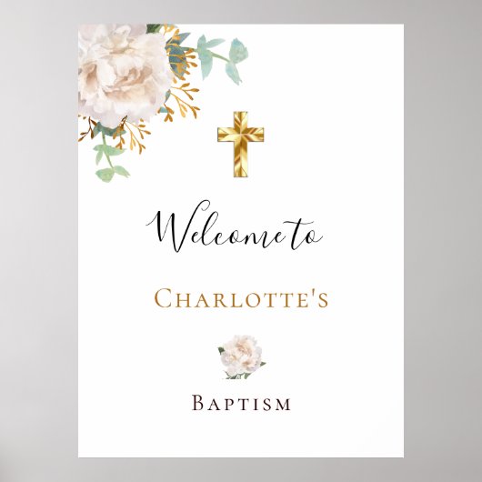 Baptisme eucalyptus white floral gold kruis welkom poster (Voorkant)