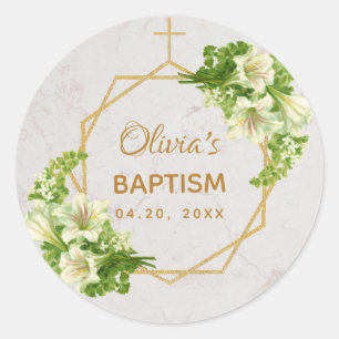 Baptisme Floral Gold White Lilies Marble Geometric Ronde Sticker