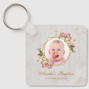 Baptisme Girl Foto roze orchideeën Floral Gold Mar Sleutelhanger