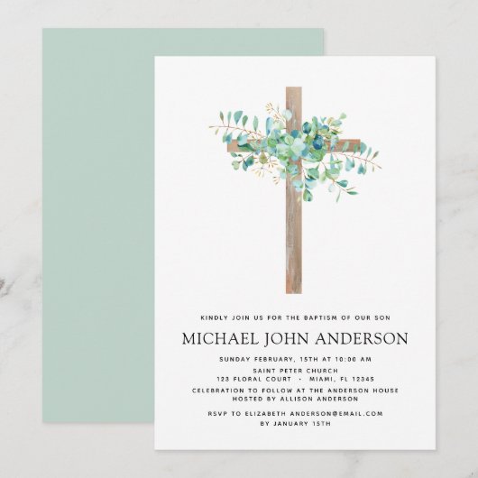 Baptisme Greenery Eucalyptus Botanical Sage Invita Kaart (Voorkant / Achterkant)