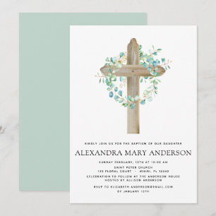 Baptisme Greenery Sage Eucalyptus Wooden Cross Kaart