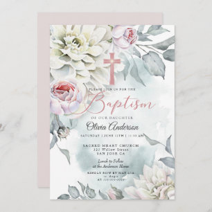 BAPTISME   Invitation croisée florale rose