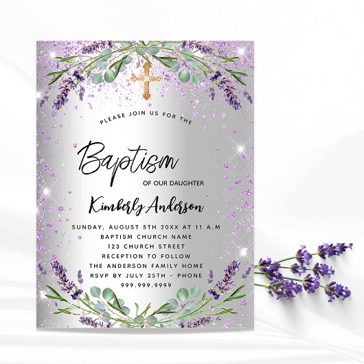 Baptisme lavender violet uitnodiging briefkaart