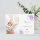 Baptisme paarse floraals aangepast fotogoud meisje bedankkaart (Staand voorkant)