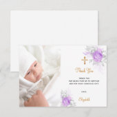 Baptisme paarse floraals aangepast fotogoud meisje bedankkaart (Voorkant / Achterkant)