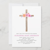 Baptisme Pastel Floral Pink Rose Cross Uitnodiging (Voorkant)