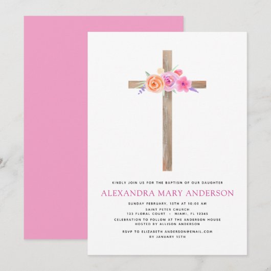 Baptisme Pastel Floral Pink Rose Cross Uitnodiging (Voorkant / Achterkant)