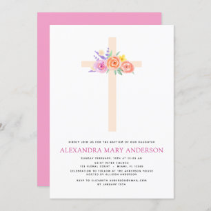 Baptisme Pastel Floral Pink Rose Cross Uitnodiging