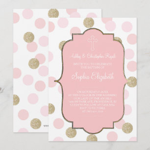 Baptisme roze faux Gold Glitter Polka Dot Invite Kaart