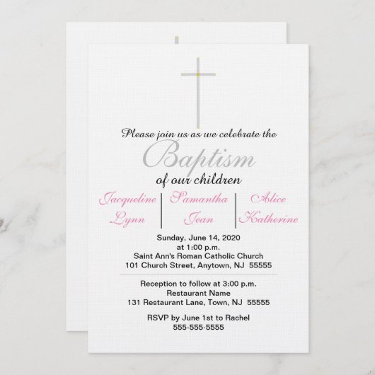 Baptisme roze triplets uitnodiging (Voorkant / Achterkant)