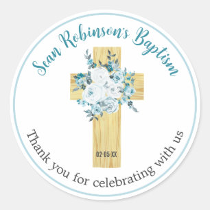 Baptisme Stickers Boy Blue Floral Wooden Cross