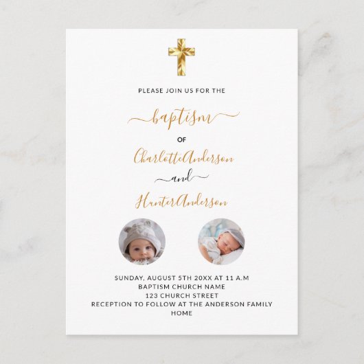 Baptisme tweeling witte foto genderneutraal uitnodiging briefkaart (Voorkant)