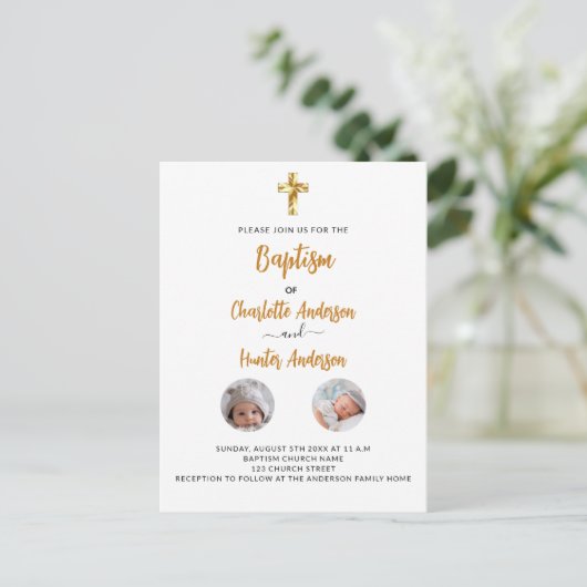 Baptisme tweeling witte foto genderneutraal uitnodiging briefkaart (Staand voorkant)