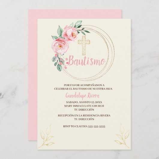 Baptisme Uitnodiging Spaans, Blush Pink Floral (Voorkant / Achterkant)